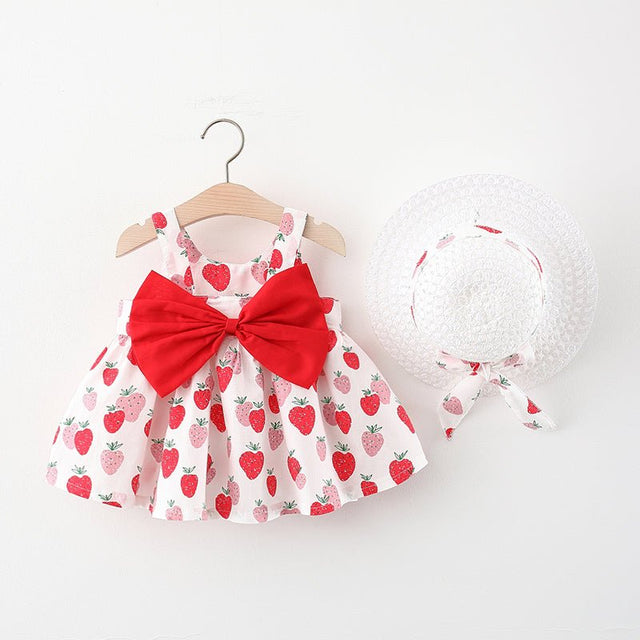 100% Cotton 2pcs Baby Girl All Over Red Strawberry Print Sleeveless Bowknot Dress with Hat Set - MomYom PK