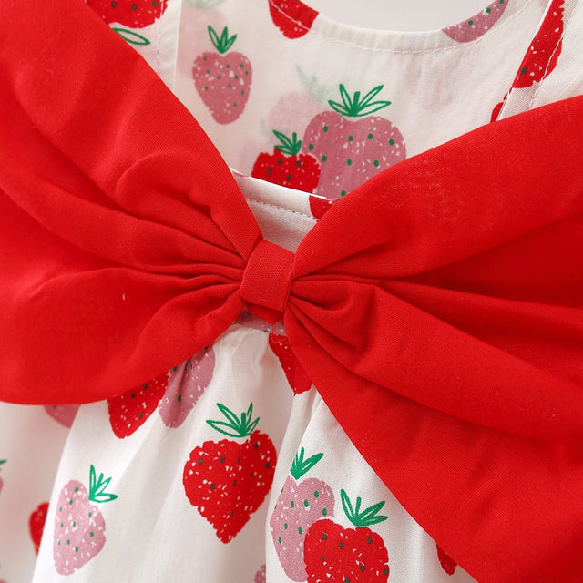 100% Cotton 2pcs Baby Girl All Over Red Strawberry Print Sleeveless Bowknot Dress with Hat Set - MomYom PK