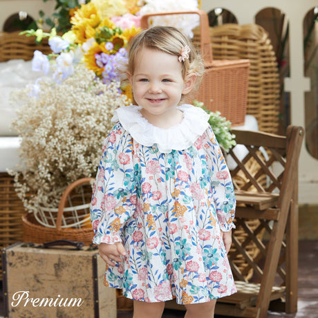 100% Cotton Medium Thickness Long Sleeves Elegant Baby Girl Dress with Puff Sleeves and Floral Pattern - MomYom PK