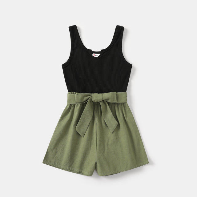 100% Cotton Ribbed and Solid Splicing Sleeveless Belted Romper for Mom and Me - MomYom PK