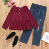 2 - piece Kid Girl Doll Collar Button Design Long - sleeve Burgundy Top and Elasticized Ripped Denim Jeans Set - MomYom PK