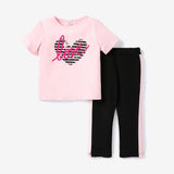 2 - piece Kid Girl Letter Heart Print Pink Tee and Colorblock Capri Pants Set - MomYom PK