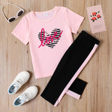 2 - piece Kid Girl Letter Heart Print Pink Tee and Colorblock Capri Pants Set - MomYom PK