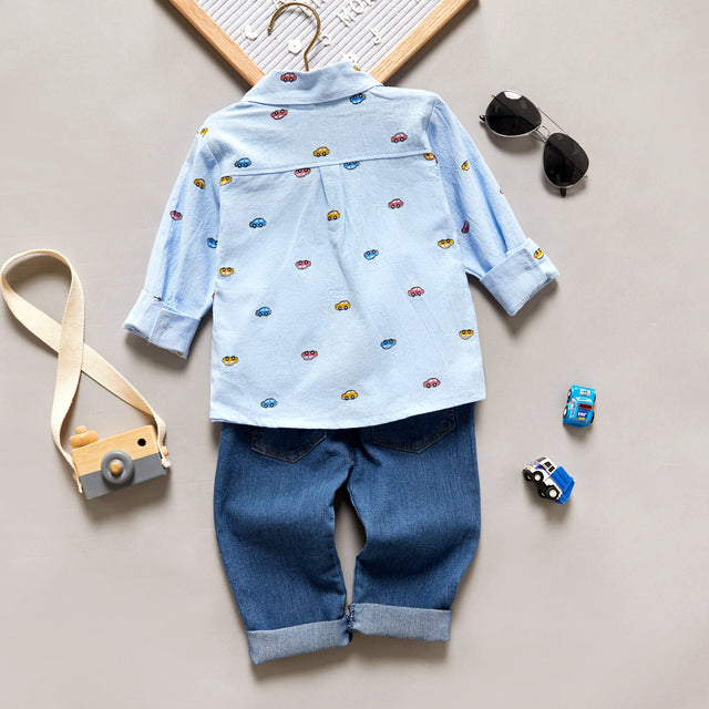 2 - piece Toddler Boy Car Print Lapel Collar Button Down Long - sleeve Shirt and Jeans Denim Pants Set - MomYom PK