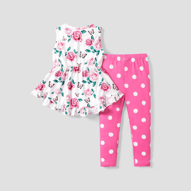 2 - piece Toddler Girl Floral Print Bowknot Design Ruffled High Low Sleeveless Tee and Polka dots Pants Set - MomYom PK