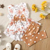 2 - piece Toddler Girl Floral Print Bowknot Design Ruffled High Low Sleeveless Tee and Polka dots Pants Set - MomYom PK