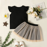 2 - piece Toddler Girl Letter Print Flutter - sleeve Black Tee and Bowknot Design Mesh Skirt Set - MomYom PK