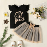 2 - piece Toddler Girl Letter Print Flutter - sleeve Black Tee and Bowknot Design Mesh Skirt Set - MomYom PK