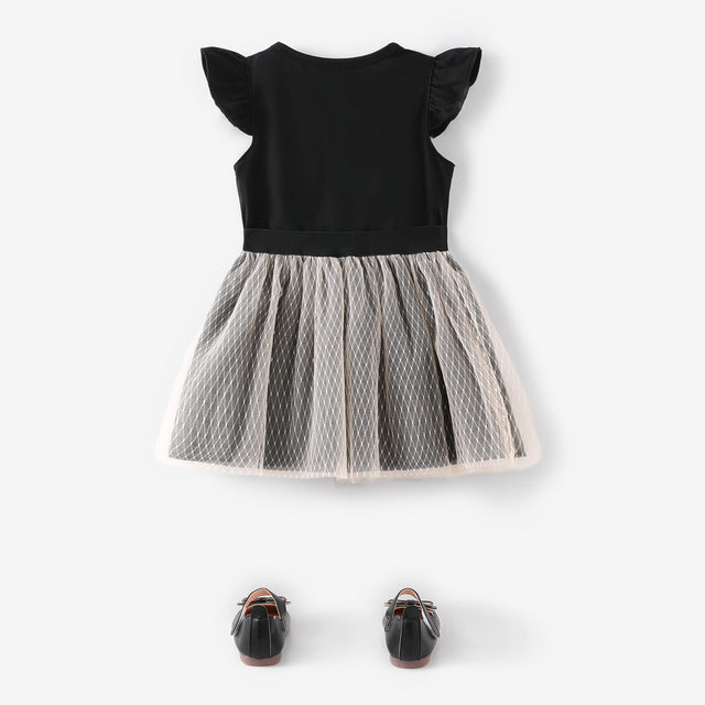 2 - piece Toddler Girl Letter Print Flutter - sleeve Black Tee and Bowknot Design Mesh Skirt Set - MomYom PK