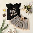 2 - piece Toddler Girl Letter Print Flutter - sleeve Black Tee and Bowknot Design Mesh Skirt Set - MomYom PK