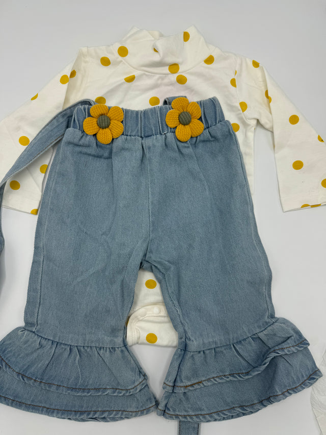 2pcs Baby Girl RibbedDots Turtleneck Long-sleeve Romper and 3D Flowers Denim Bell Bottom Overalls Set