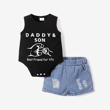 2pcs Baby Boy 100% Cotton Ripped Denim Shorts and Graphic Tank Romper Set - MomYom PK