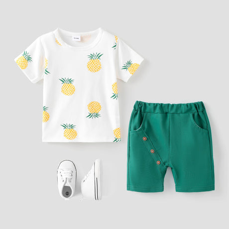 2pcs Baby Boy 95% Cotton Short - sleeve Pineapple Print Tee and Solid Shorts Set - MomYom PK