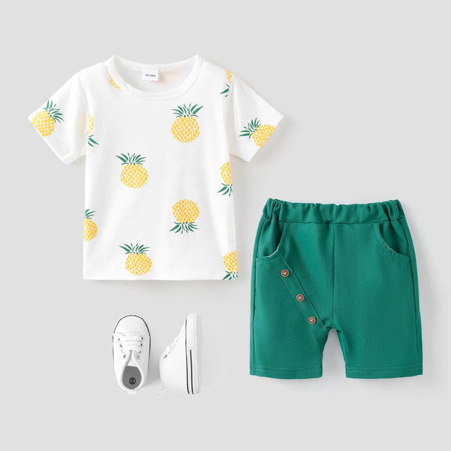 2pcs Baby Boy 95% Cotton Short - sleeve Pineapple Print Tee and Solid Shorts Set - MomYom PK