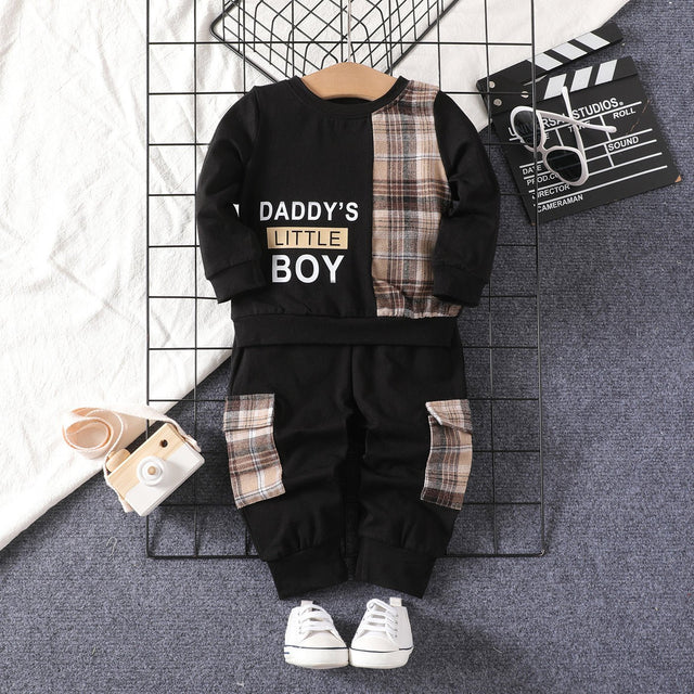 2pcs Baby Boy Cotton Letters Print Plaid Panel Long - sleeve Top and Cargo Pants Set - MomYom PK