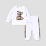 2pcs Baby Boy/Girl Long - sleeve Plaid Print Bear Embroidered Sweatshirt and Sweatpants Set - MomYom PK