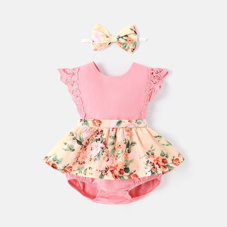 2pcs Baby Girl 100% Cotton Solid & Floral - print Spliced Lace Flutter - sleeve Romper with Headband Set - MomYom PK