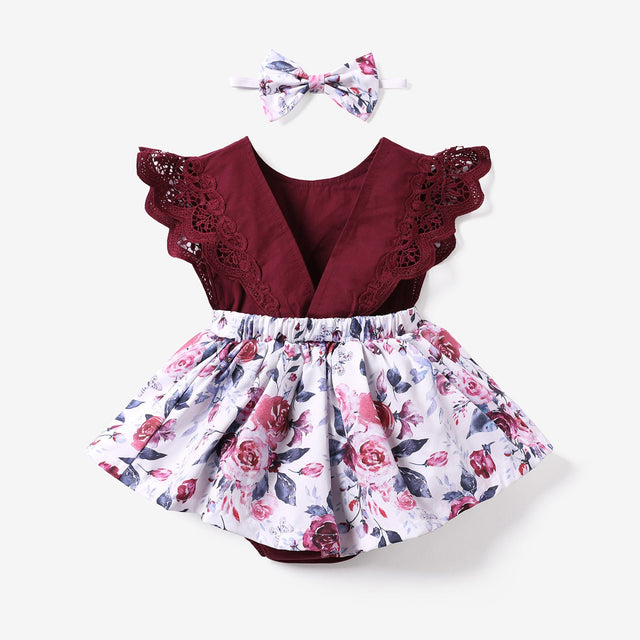 2pcs Baby Girl 95% Cotton Lace Flutter - sleeve Floral Print Romper with Headband Set - MomYom PK