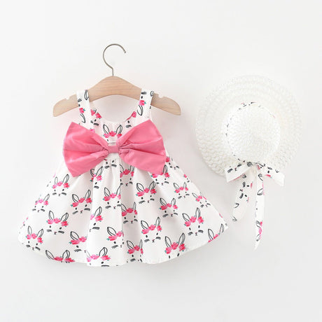 2pcs Baby Girl Bow Front Pretty Rabbit Print Tank Dress & Hat Set - MomYom PK