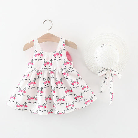 2pcs Baby Girl Bow Front Pretty Rabbit Print Tank Dress & Hat Set - MomYom PK