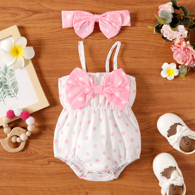 2pcs Baby Girl Polka Dots Print Bow Front Cami Romper & Headband Set - MomYom PK