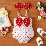 2pcs Baby Girl Polka Dots Print Bow Front Cami Romper & Headband Set - MomYom PK