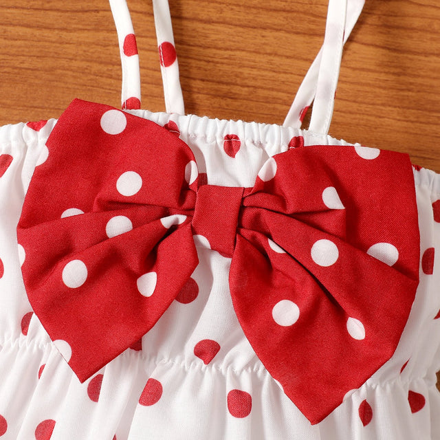 2pcs Baby Girl Polka Dots Print Bow Front Cami Romper & Headband Set - MomYom PK