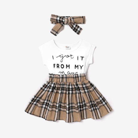 2pcs Baby Girl Short - sleeve Letter Print Spliced Plaid Dress & Headband Set - MomYom PK