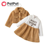 2pcs Baby Girl Thermal Fuzzy Jacket and Letter Print Long - sleeve Spliced Dress Set - MomYom PK