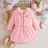 2pcs Baby Girl Thermal Fuzzy Jacket and Letter Print Long - sleeve Spliced Dress Set - MomYom PK