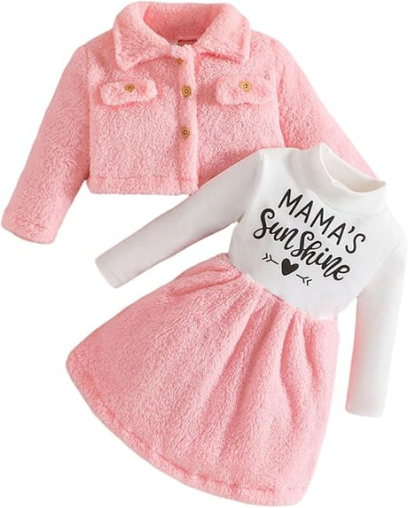 2pcs Baby Girl Thermal Fuzzy Jacket and Letter Print Long - sleeve Spliced Dress Set - MomYom PK