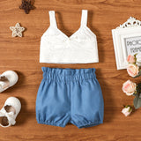 2pcs Baby Girl V Neck Twist Knot Sleeveless Tank Crop Top and Shorts Set - MomYom PK