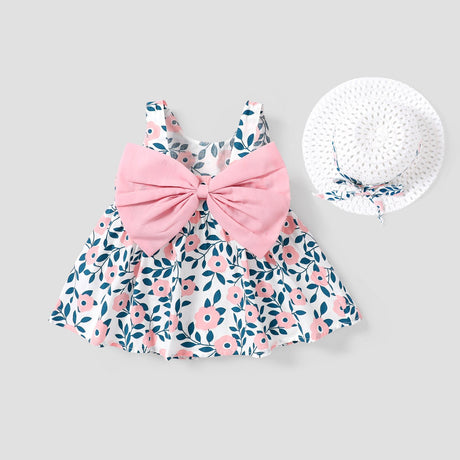 2pcs Floral Print Bowknot Sleeveless Baby Dress & Hat Set - MomYom PK