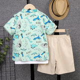 2pcs Kid Boy Allover Dinosaur Print Short - sleeve Shirt and Solid Shorts Set - MomYom PK