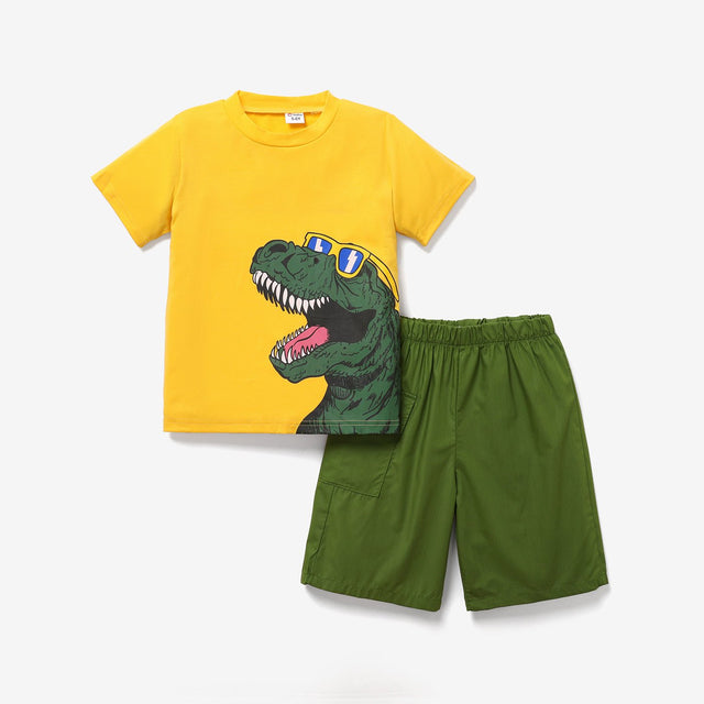 2pcs Kid Boy Dinosaur Print Short - sleeve Tee and Pocket Design Shorts Set - MomYom PK