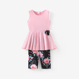 2pcs Kid Girl Bowknot Design Sleeveless Tee and Floral Print Leggings Shorts Set - MomYom PK