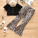 2Pcs Kid Girl Naia Button Up Cotton Crop Top & Leopard Flared Pants Set - MomYom PK