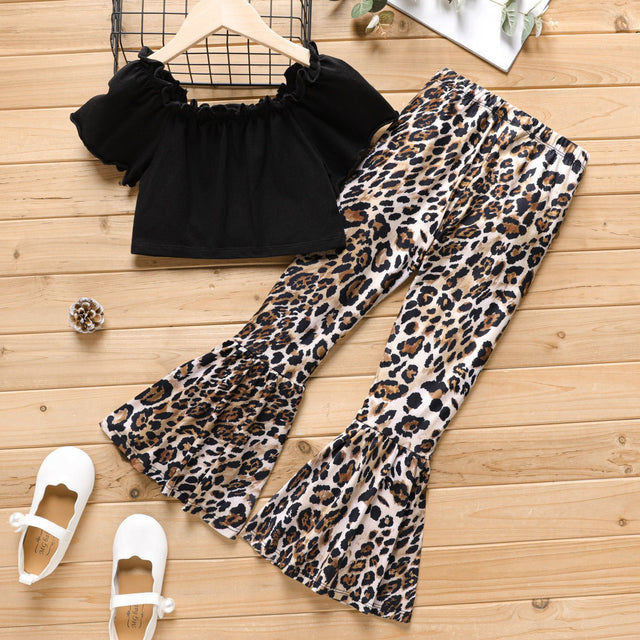 2Pcs Kid Girl Naia Button Up Cotton Crop Top & Leopard Flared Pants Set - MomYom PK