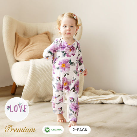 2pcs Long Sleeve Organic Cotton Baby Girl Jumpsuit Set with Big Floral Pattern - MomYom PK