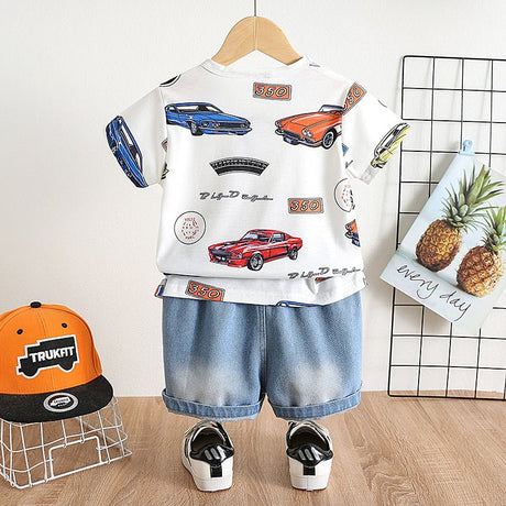 2pcs Toddler Boy Car Print Short - sleeve Tee and Ripped Denim Shorts Set - MomYom PK