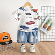 2pcs Toddler Boy Car Print Short - sleeve Tee and Ripped Denim Shorts Set - MomYom PK