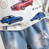 2pcs Toddler Boy Car Print Short - sleeve Tee and Ripped Denim Shorts Set - MomYom PK