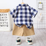 2pcs Toddler Boy Casual Plaid Shirt & Khaki Shorts Set - MomYom PK