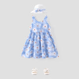 2pcs Toddler Girl Floral Print Bowknot Design Strap Dress and Straw Hat Set - MomYom PK