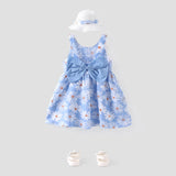 2pcs Toddler Girl Floral Print Bowknot Design Strap Dress and Straw Hat Set - MomYom PK