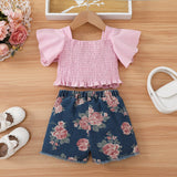 2pcs Toddler Girl Pink Smocked Top and 100% Cotton Floral Rose Print Denim Shorts Set - MomYom PK