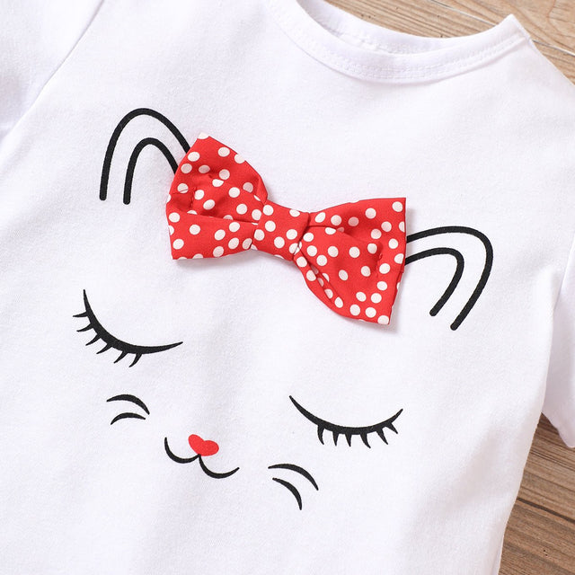 2pcs Toddler Girl Playful Bow Decor Cat Print Tee and Dots Pattern Shorts Set - MomYom PK