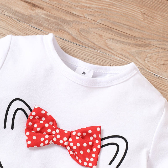 2pcs Toddler Girl Playful Bow Decor Cat Print Tee and Dots Pattern Shorts Set - MomYom PK