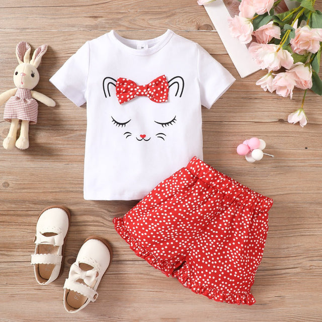 2pcs Toddler Girl Playful Bow Decor Cat Print Tee and Dots Pattern Shorts Set - MomYom PK