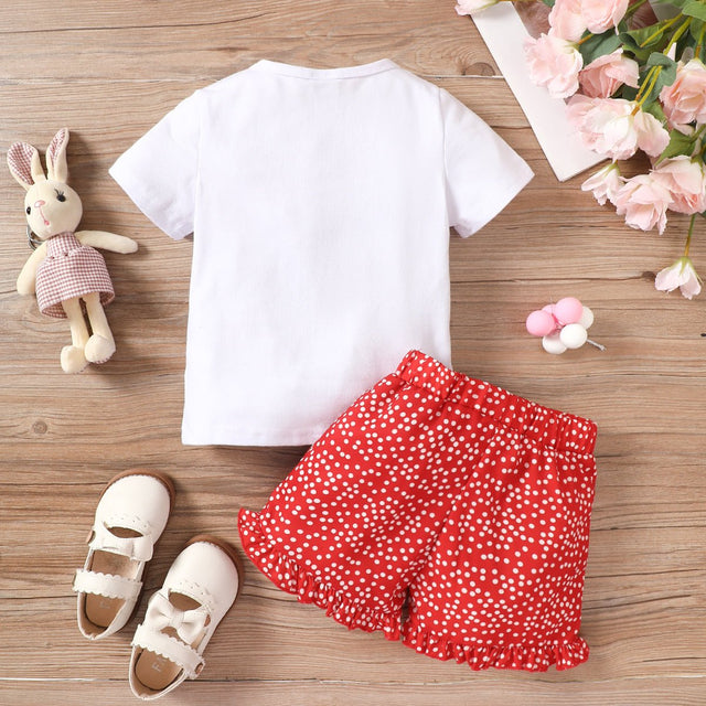 2pcs Toddler Girl Playful Bow Decor Cat Print Tee and Dots Pattern Shorts Set - MomYom PK